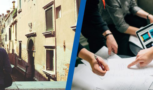 A person on holiday on the left and a group of people working in an office on the right