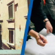 A person on holiday on the left and a group of people working in an office on the right