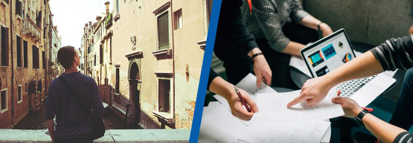 A person on holiday on the left and a group of people working in an office on the right